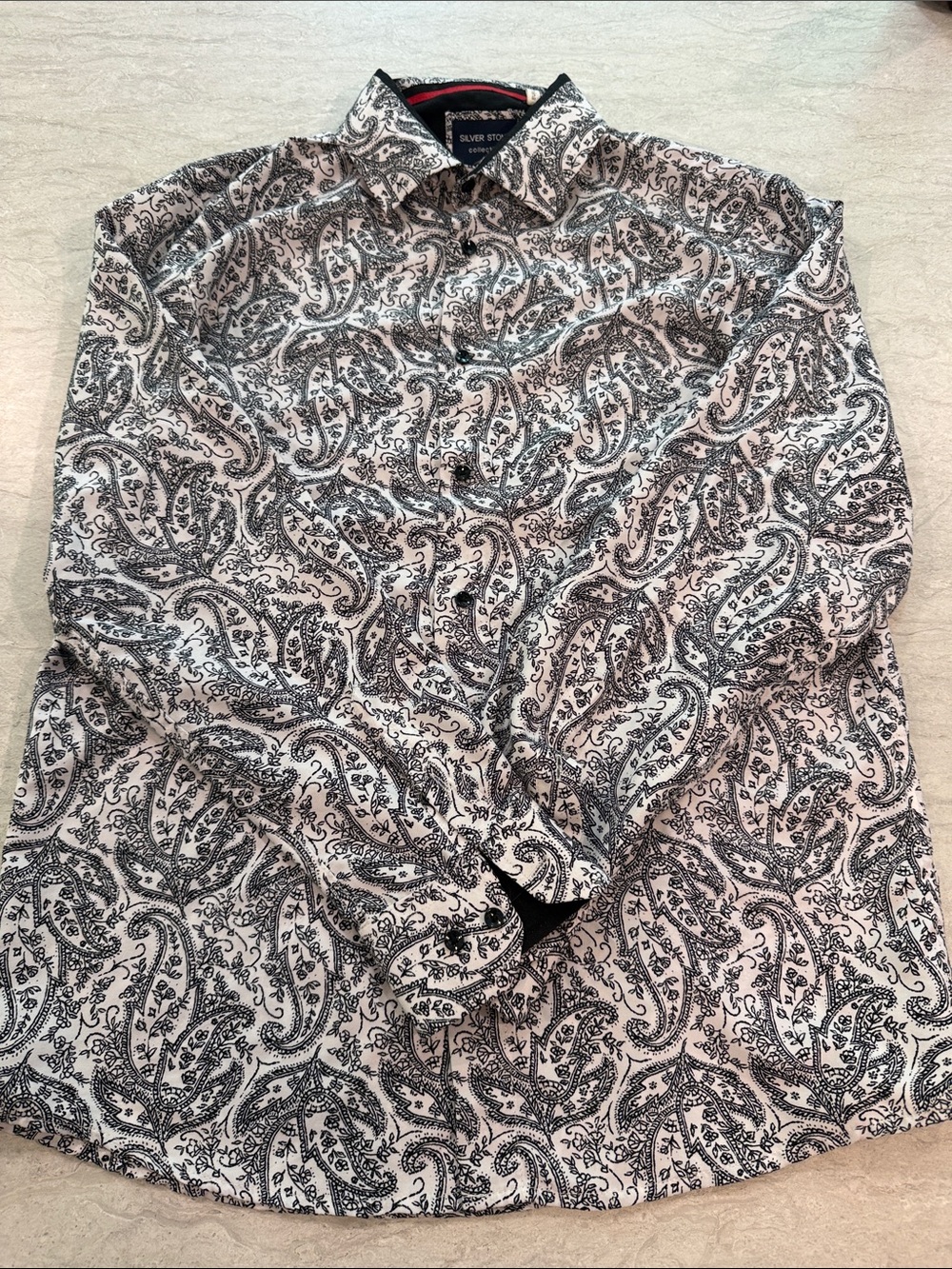 Silver Stone Collection Modern Fit Shirt - Black & White Paisley Print
